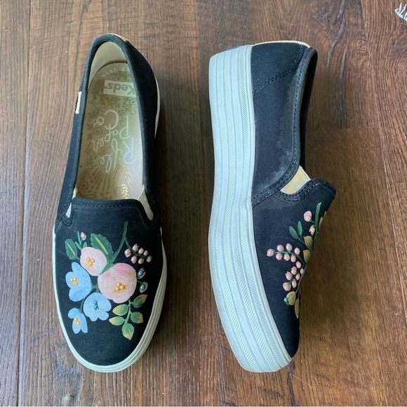Rifle Paper Co. X Keds Floral Beaded Platform Slip On Black Sneakers SZ 6 - Picture 11 of 15